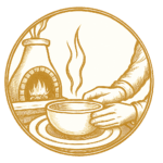 Handcrafted ceramic tea set with steam rising, encircled by a traditional kiln and warm light.