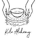 Elegant black-and-white logo featuring a minimalist teacup encircled by swirling flames, with the brand name 'Kiln Alchemy' in sophisticated script below.